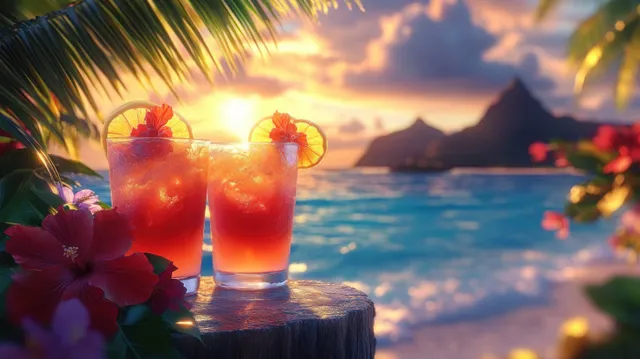 Two tropical cocktails on a wooden stump at sunset, hibiscus flowers and lemon garnish