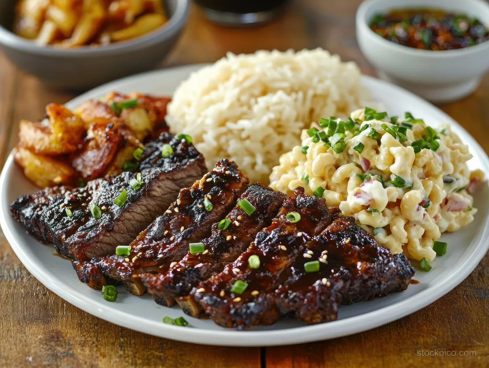 A Hawaiian plate lunch with grilled short ribs, chicken katsu, rice, and macaroni salad on a white plate.