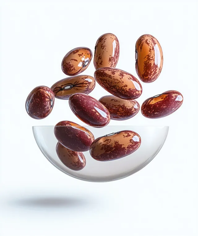 Shiny brown speckled beans float above and inside a transparent glass bowl on a white background.