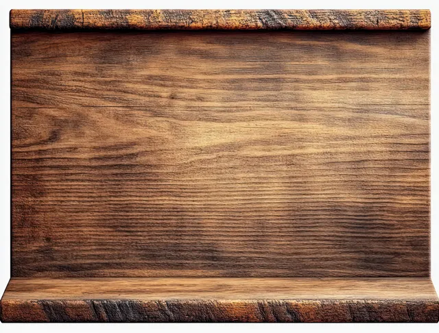 Blank rustic wooden signboard with horizontal grain and weathered edges on a brown wood surface.