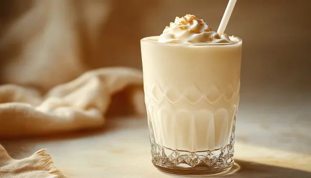 A creamy milkshake in a clear glass with whipped cream, brown sprinkles, and a straw on a light beige surface.