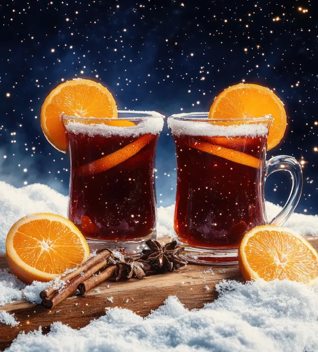 Two mugs of mulled wine with orange slices and cinnamon sticks sit on snowy wood beneath a starry sky.