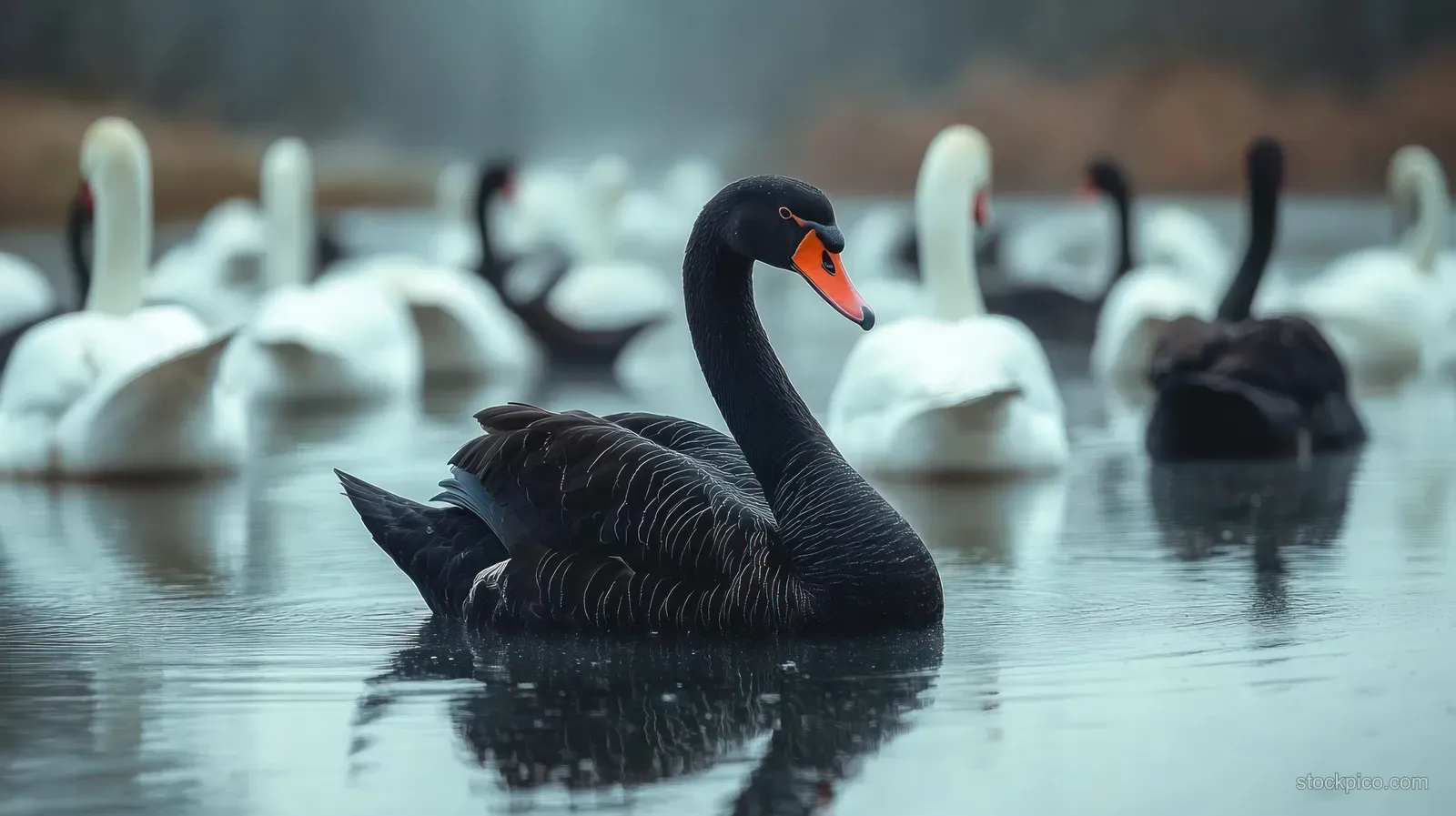 A black swan swims on calm lake water while white swans drift behind it under soft dusk light.