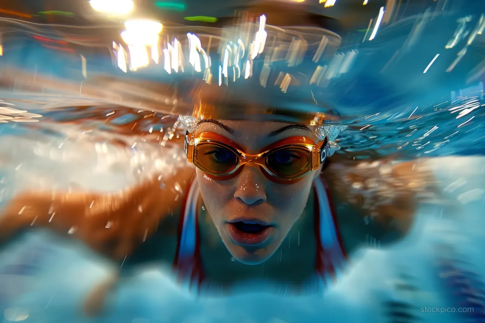A determined female freestyle swimmer drives forward with goggles on and water splashing in a race pool.
