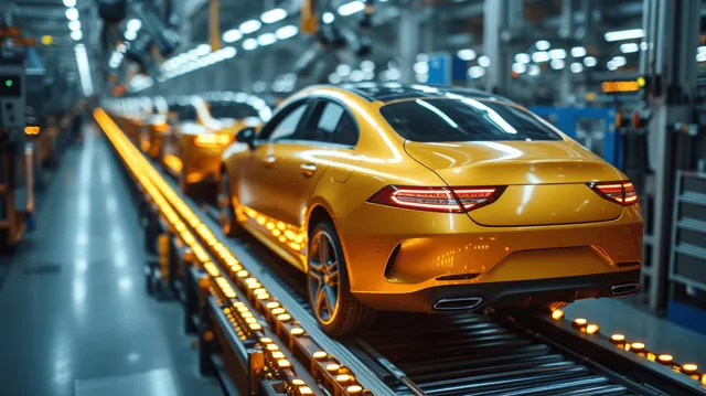 Yellow electric car on illuminated factory assembly line