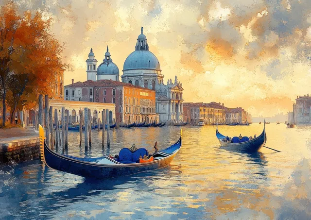 Gondolas Float Along Venice Canal at Dusk Beside Domed Palaces