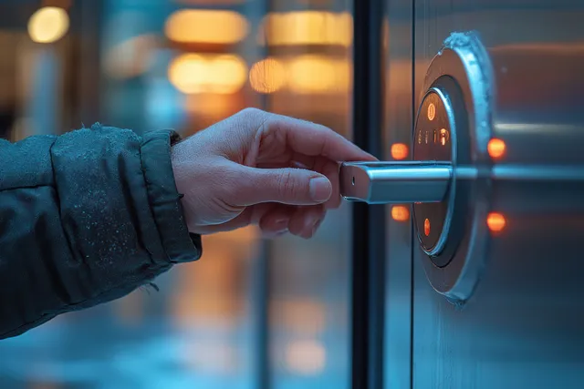 A hand selects a vintage door knob on display in a hardware store with blurred lights in the background.