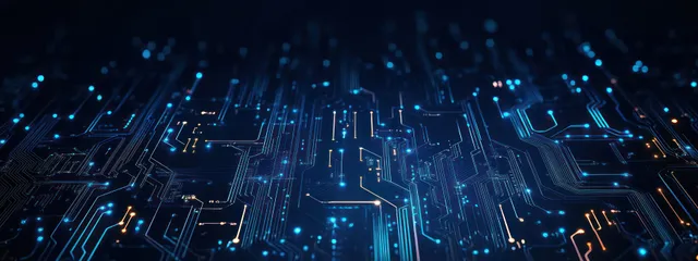 Neon blue digital circuit lines glow across futuristic abstract technology background