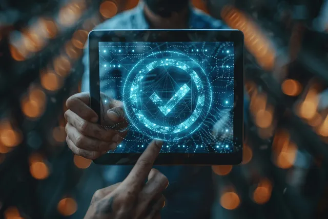 Technician holds tablet with digital checklist interface and glowing approval badge