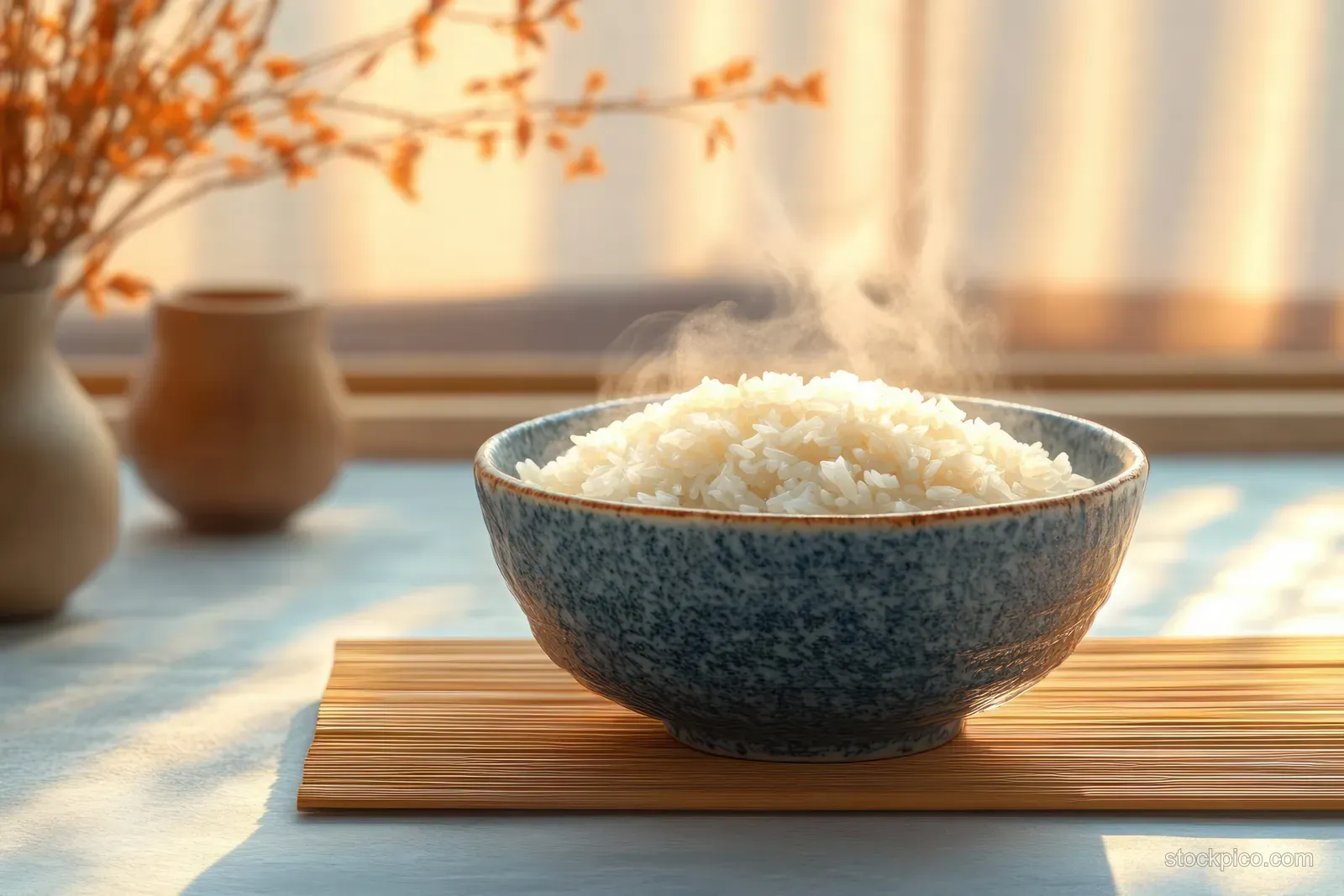 Steaming bowl of white rice on a bamboo mat in warm sunlight with blurred dried flowers and ceramic vases behind.