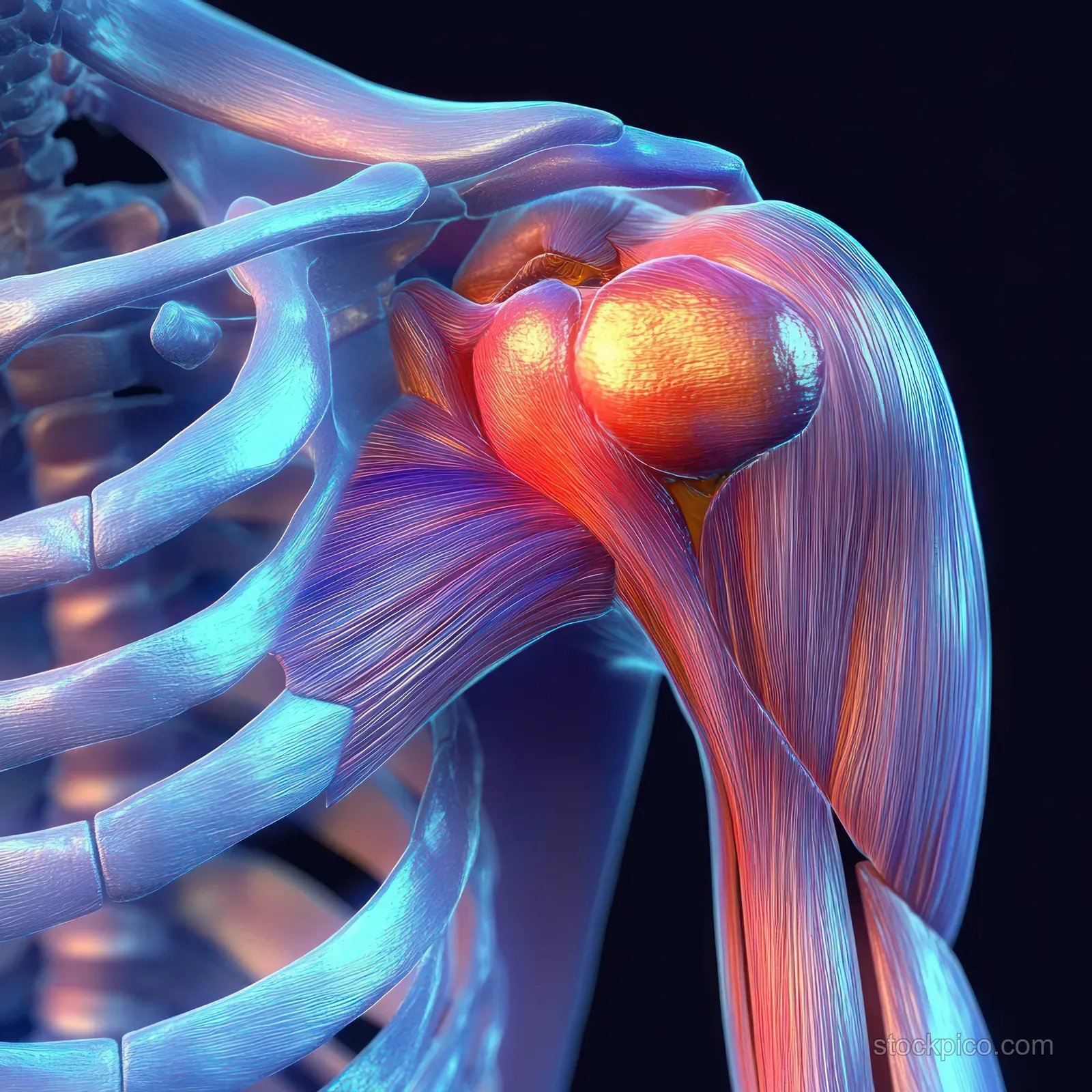 Detailed anatomical illustration of a human shoulder joint with deltoid and triceps highlighted against a white background.
