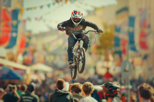 BMX rider performing a jump at an outdoor French event with bunting flags and a cheering crowd behind.