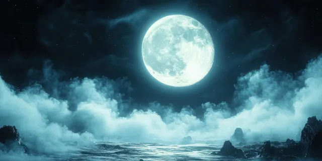 A full moon illuminates a dark cliff coastline while misty clouds drift over a cold blue night sea.