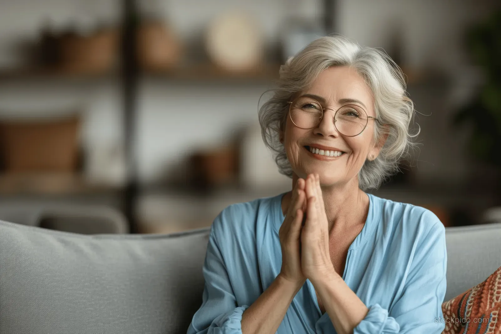 Smiling senior woman clapping hands while seated on a living room sofa with warm daylight.