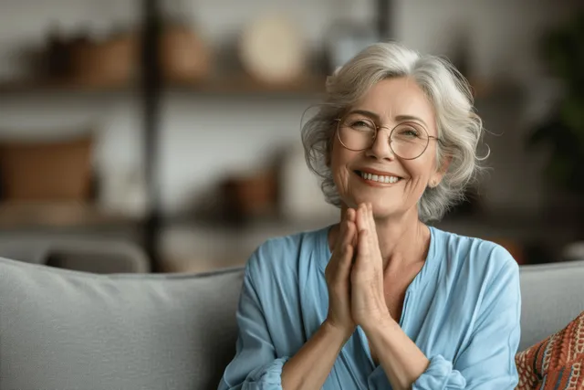 Smiling senior woman clapping hands while seated on a living room sofa with warm daylight.