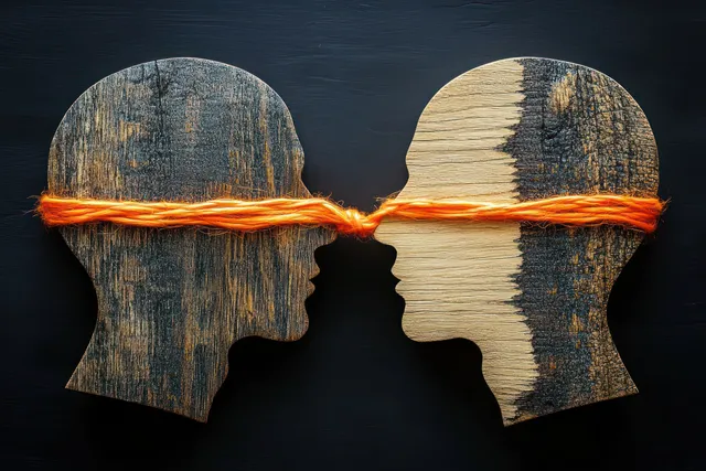 Two wooden head silhouettes face each other with an orange string tied around their eyes against a dark background.