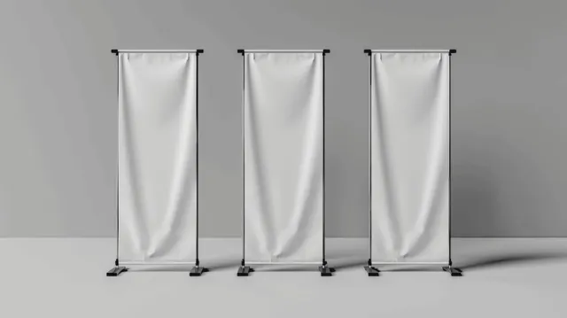 Three empty white roll-up banner stands stand in a row on a grey studio background.