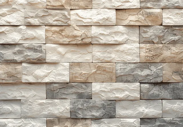 Close-up of beige and gray stacked stone brick wall texture with chiseled blocks and mortar seams.