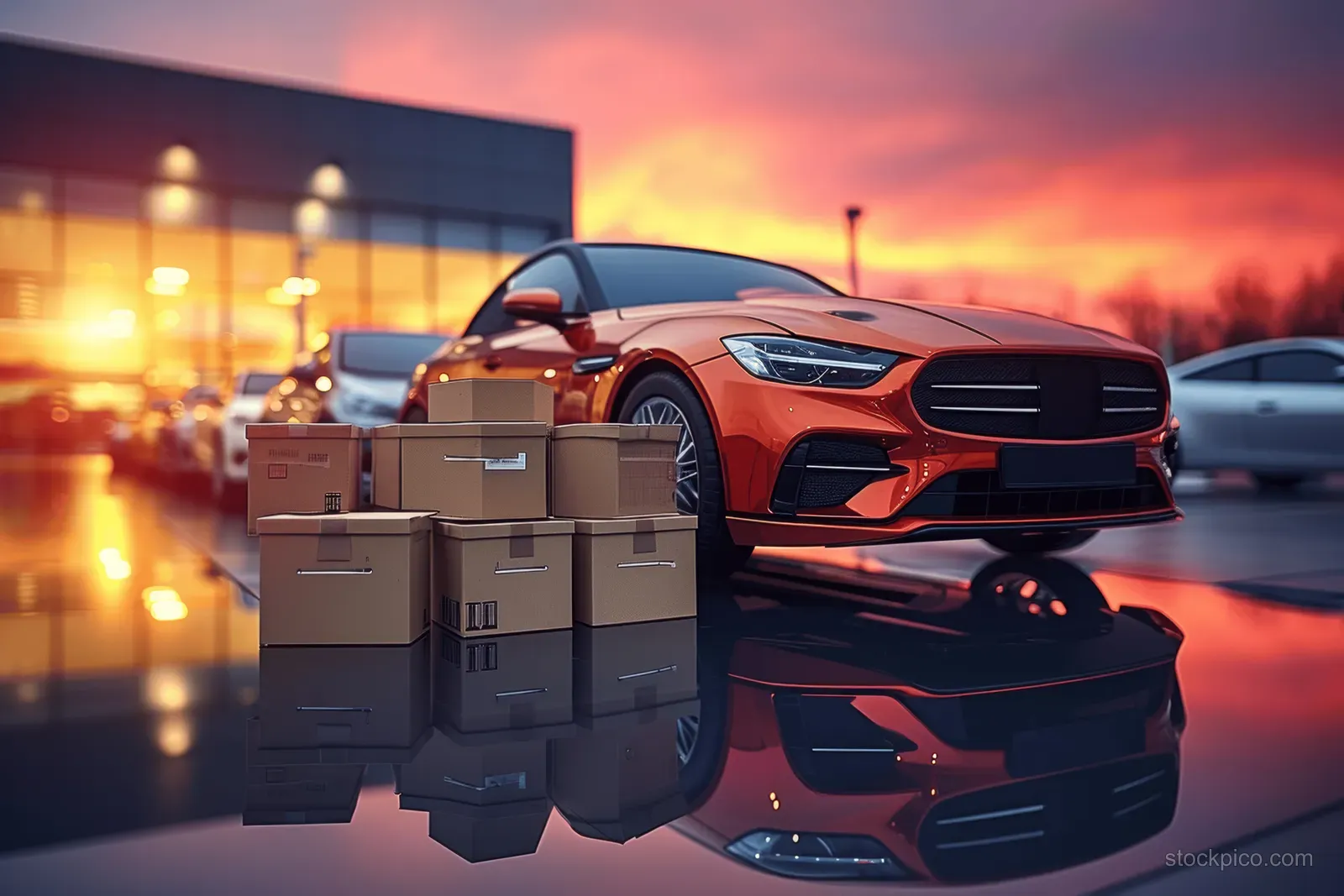 Red sports car in a modern dealership showroom with mirrored floor reflecting sunset-colored lights.