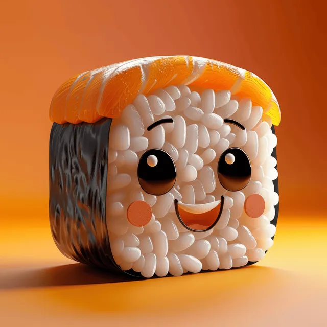 A cute cartoon sushi character with big eyes and a smiling face on a bright orange background.