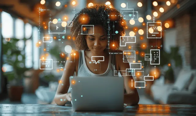 A business woman types on a laptop with glowing chatbot and CRM icon graphics floating in front of her.