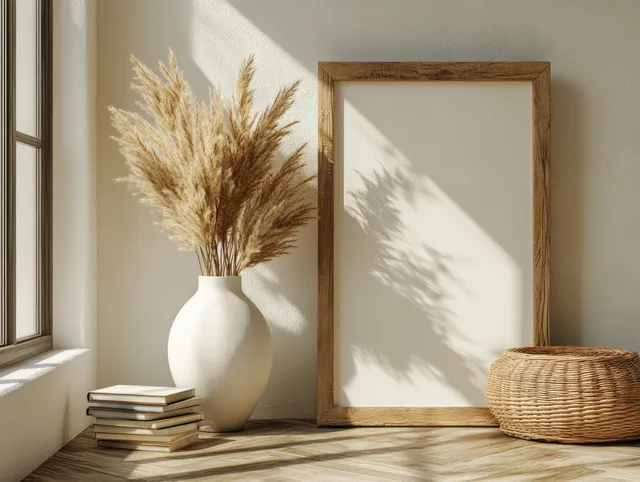 Vertical frame mockup stands in a minimalist corner next to a dried grass vase and stacked books on a light floor.