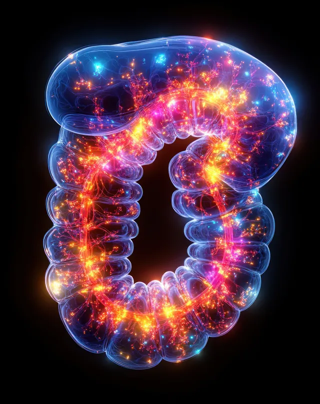 Neon-glowing 3D render of the male digestive system showing esophagus, stomach, and intestines on a dark background.