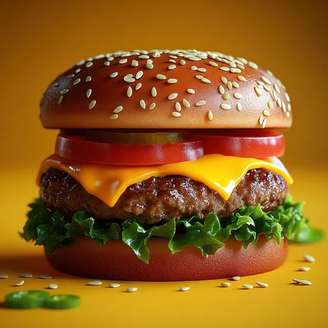 Close-up cheeseburger on yellow background with sesame seeds, melted cheddar, lettuce, pickles