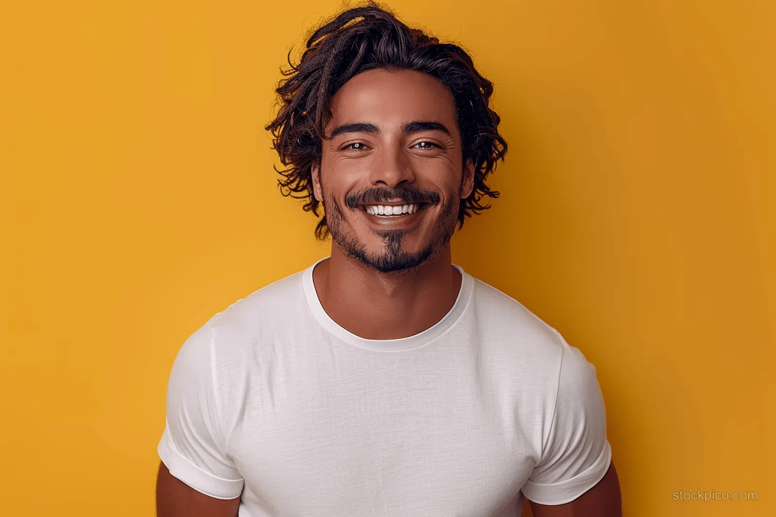 Smiling man in a white t-shirt standing against a bright yellow studio background with empty space.