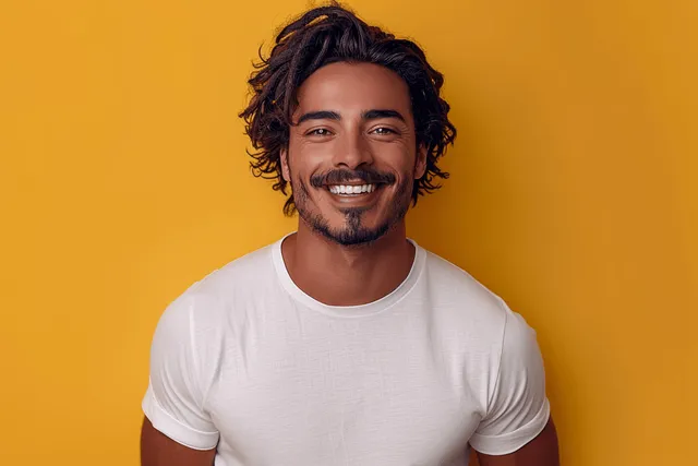 Smiling man in a white t-shirt against a bold yellow studio background, copy space with Graphic Design Layout