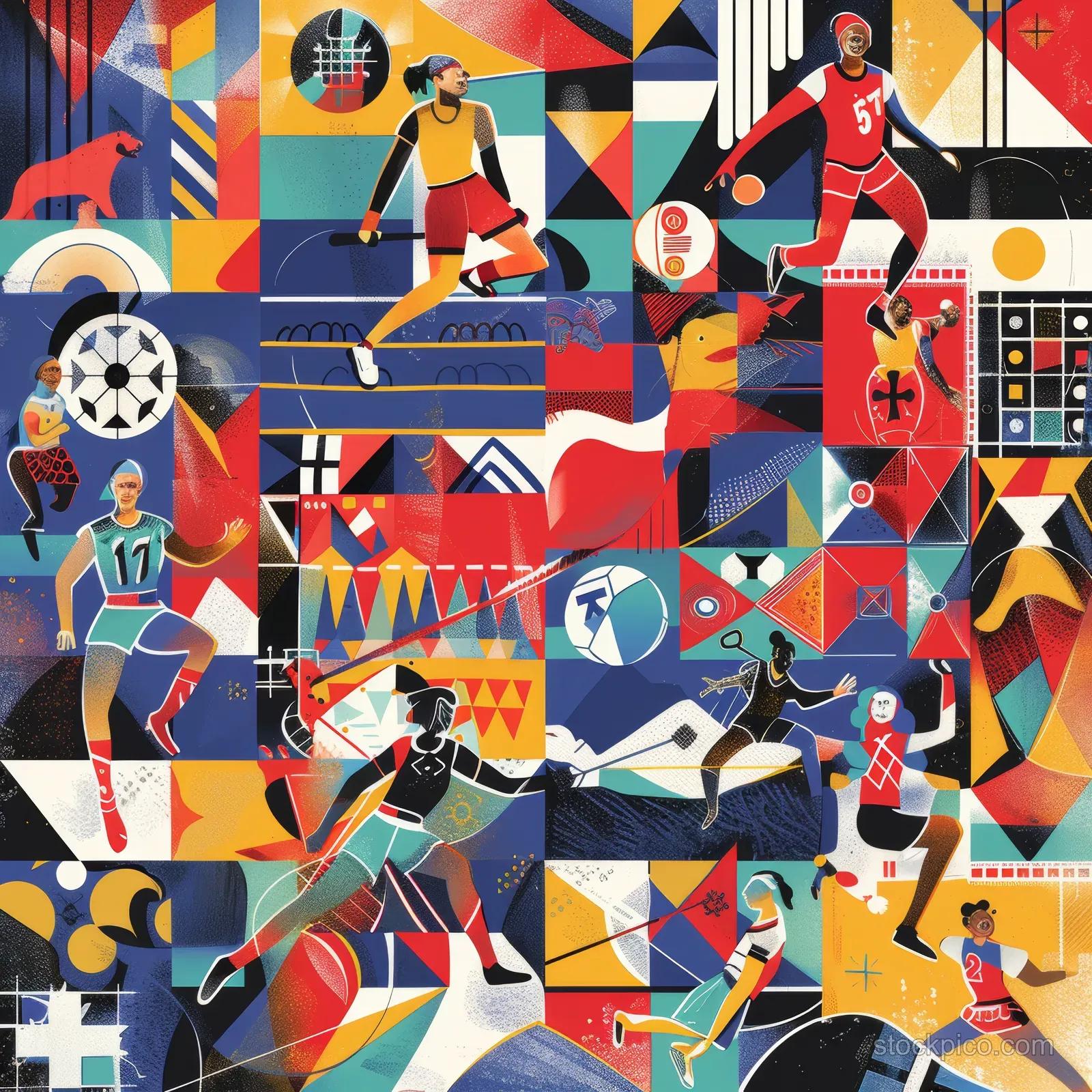 Women’s handball players in motion across a collage background with Norway-inspired symbols and geometric shapes.