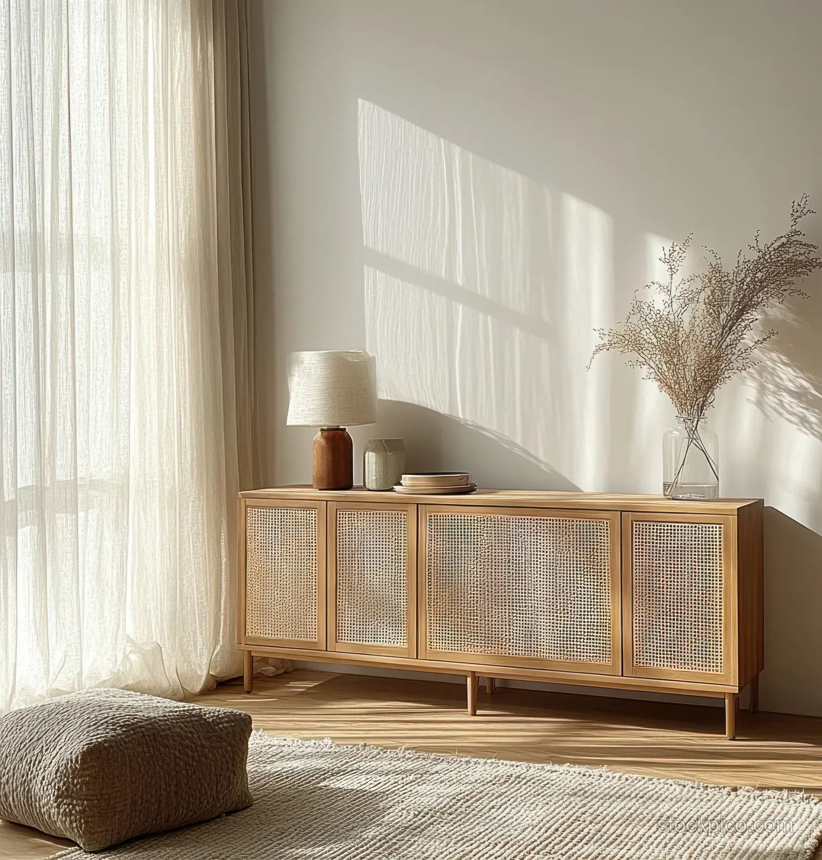 Sunlit minimalist living room with a light wooden cabinet, woven door panels, and sheer curtains by a white wall.