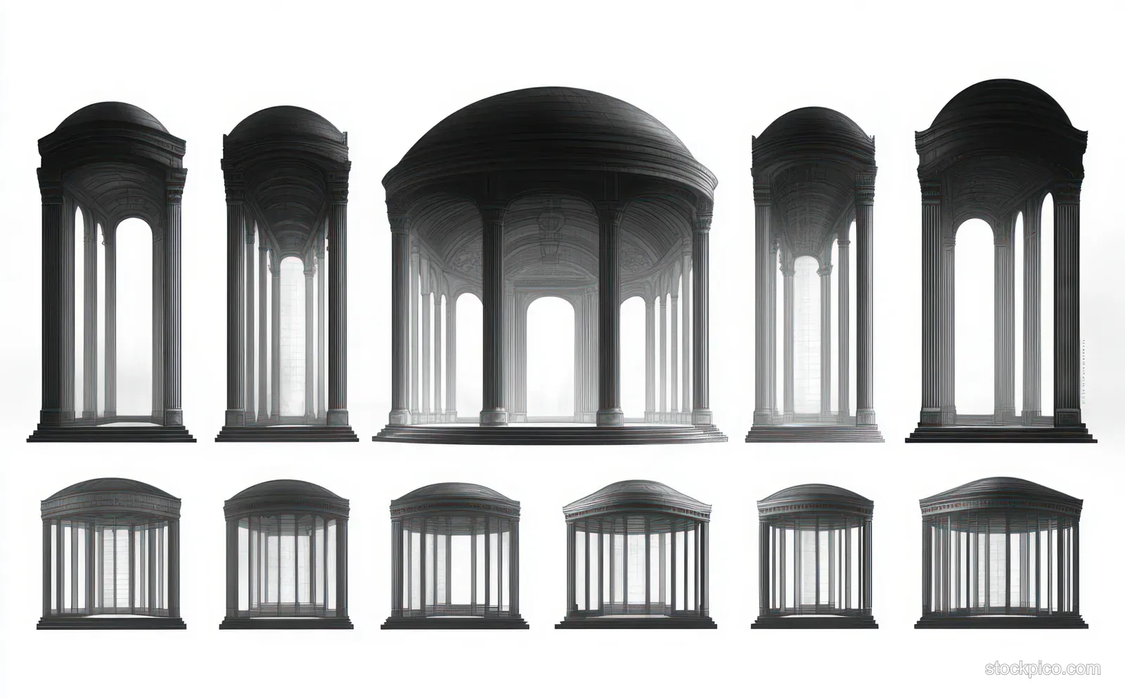 A monochrome set of classical domed temple and column structures shown in multiple orthographic views.