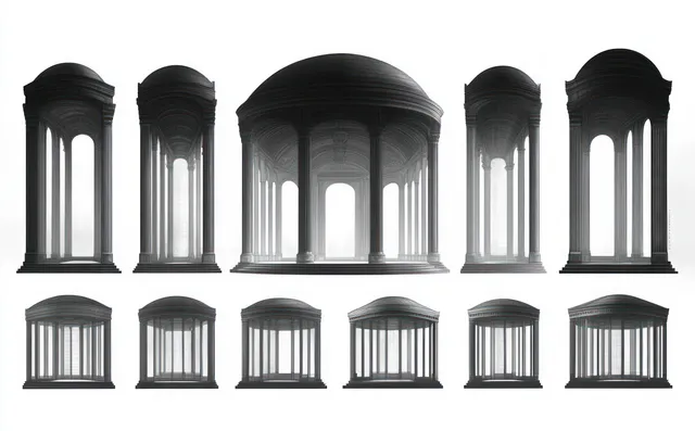 Set of classical columns and domed temple forms in monochrome orthographic views