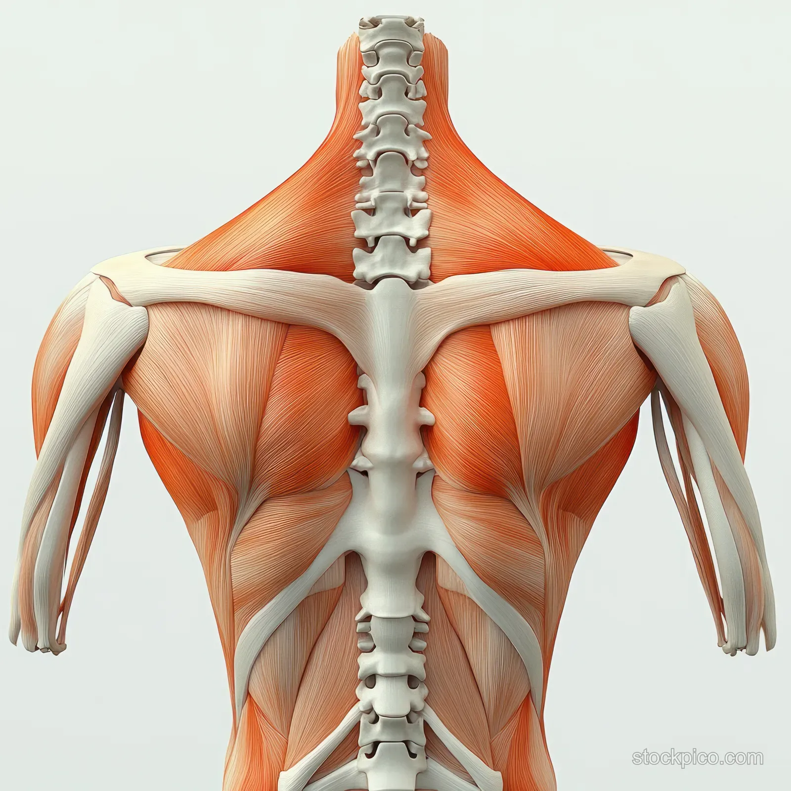 Rear view anatomical illustration displays trapezius and rhomboid muscles along the upper back over the spine.