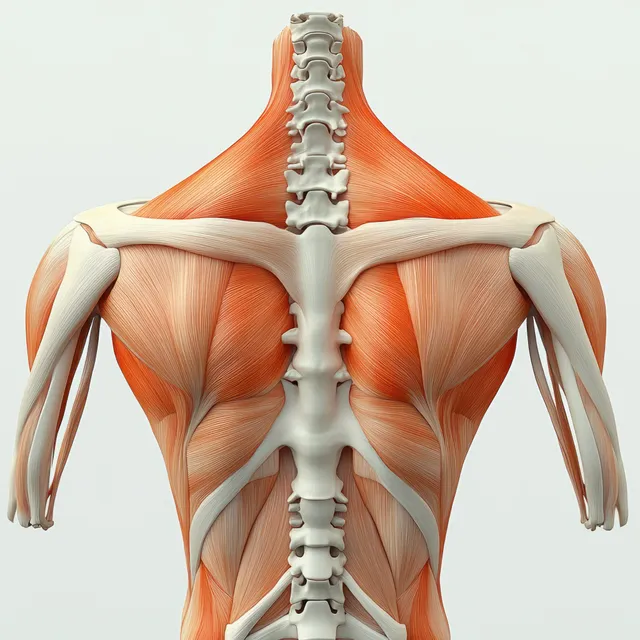 Posterior anatomy illustration showing trapezius and rhomboid muscles over upper back with Light Skin Tone Model