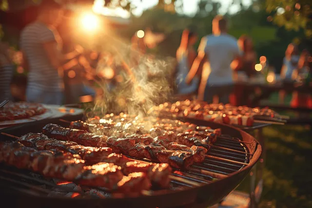 Meat skewers sizzle on an outdoor barbecue grill with smoke and a sunset-lit backyard crowd in the background.