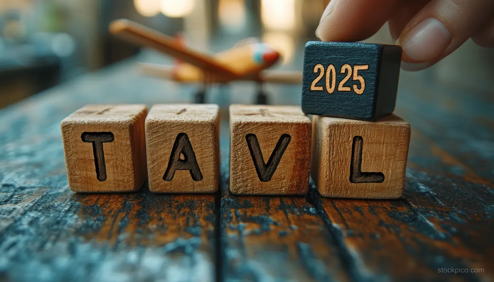 A hand holds a wooden block reading 2025 above stacked blocks spelling TRAVEL on a textured surface.