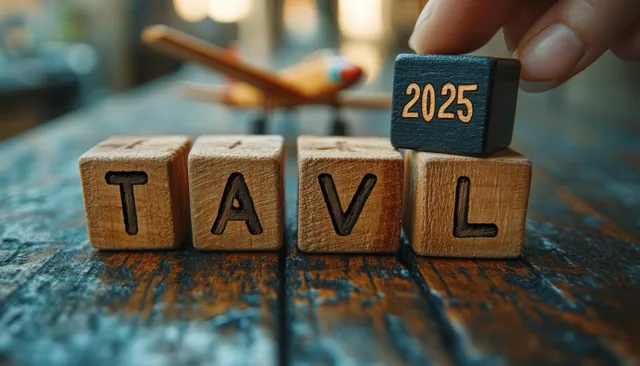 Hand holding wooden 2025 block above stacked travel blocks spelling TRAV