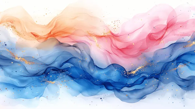 Pink, blue, and gold watercolor waves on abstract celebration background