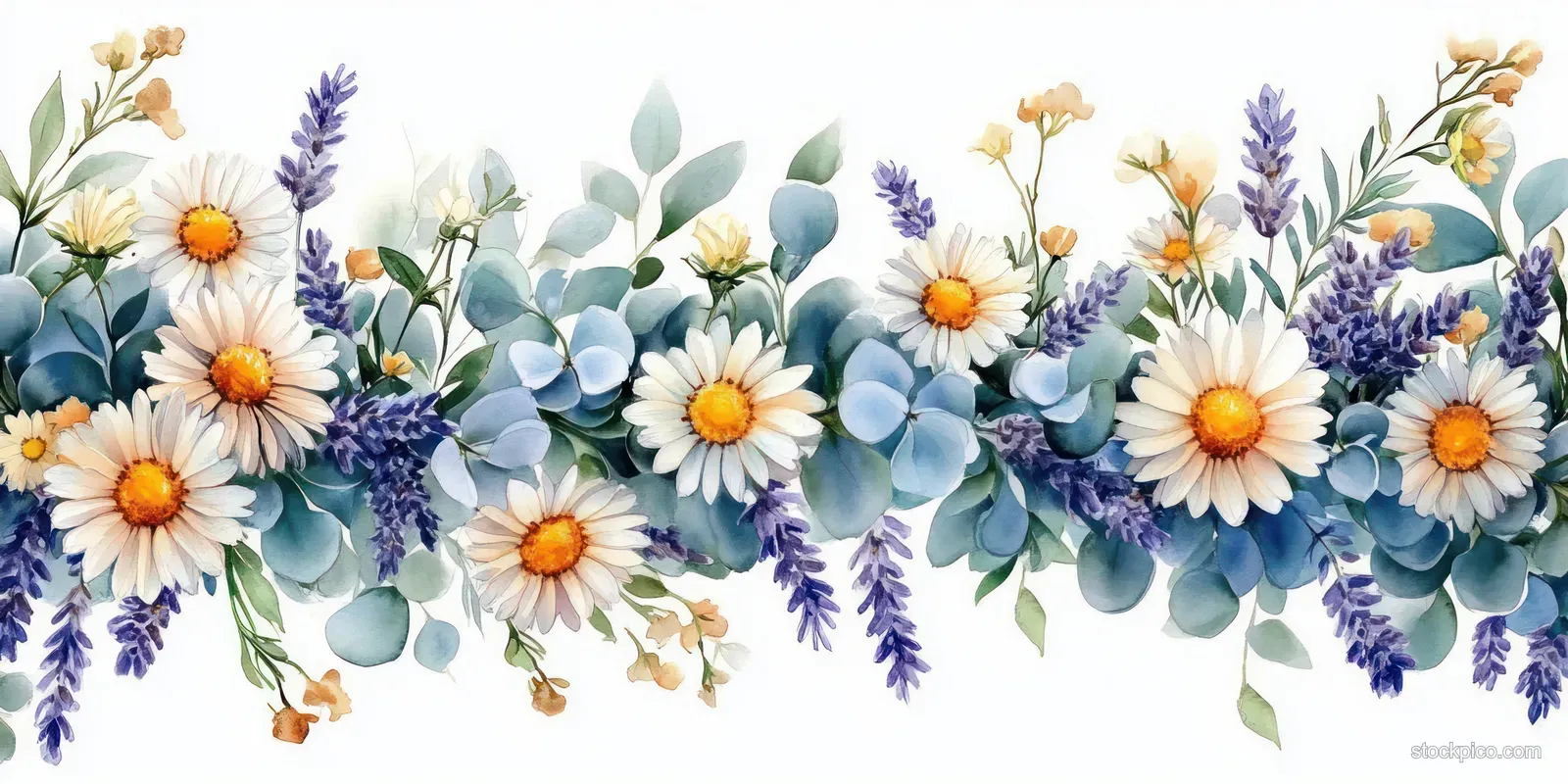 Watercolor floral border with white daisies, purple lavender, and eucalyptus leaves across a light background.