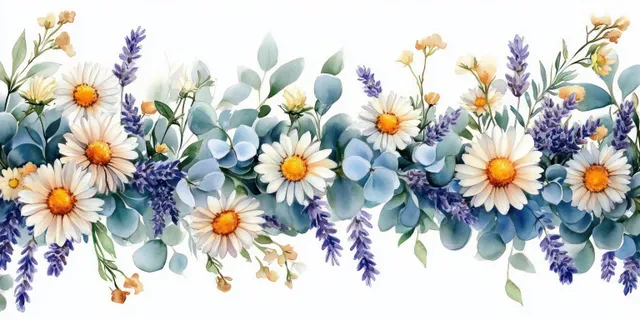 Watercolor floral border with white daisies, purple lavender, and eucalyptus leaves across a light background.