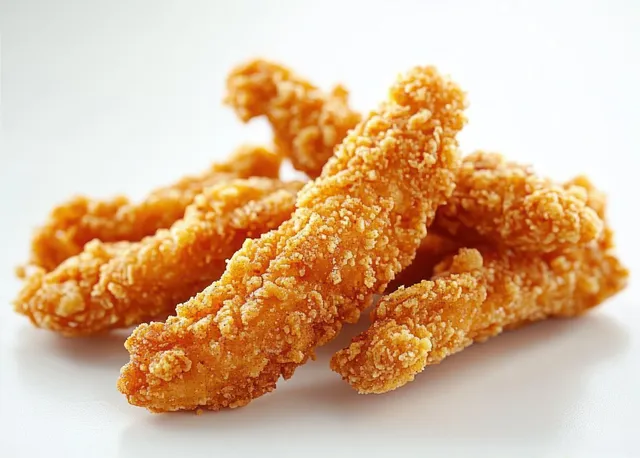 Golden crispy breaded chicken strips on a plain white background showing crunchy texture.
