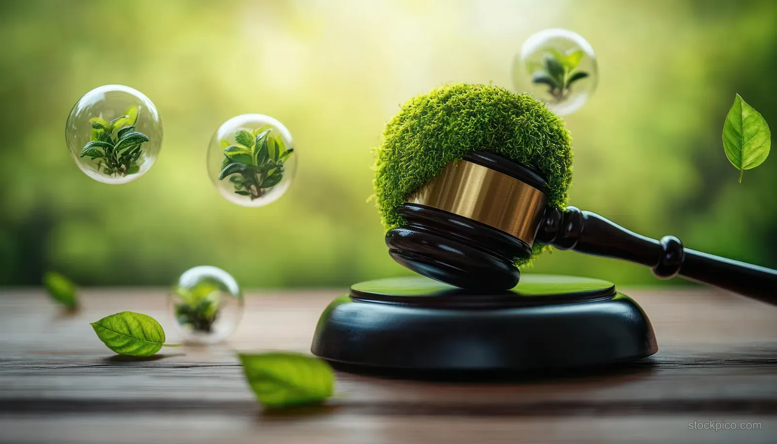 Wooden gavel with green moss and tiny plants inside transparent bubble spheres on a soft green background.