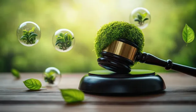 Wooden judge gavel topped with moss and bubbles holding tiny plants on a soft green background