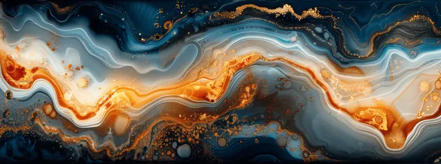 Abstract fluid art with blue, brown, beige, and gold swirling bands on a dark background.