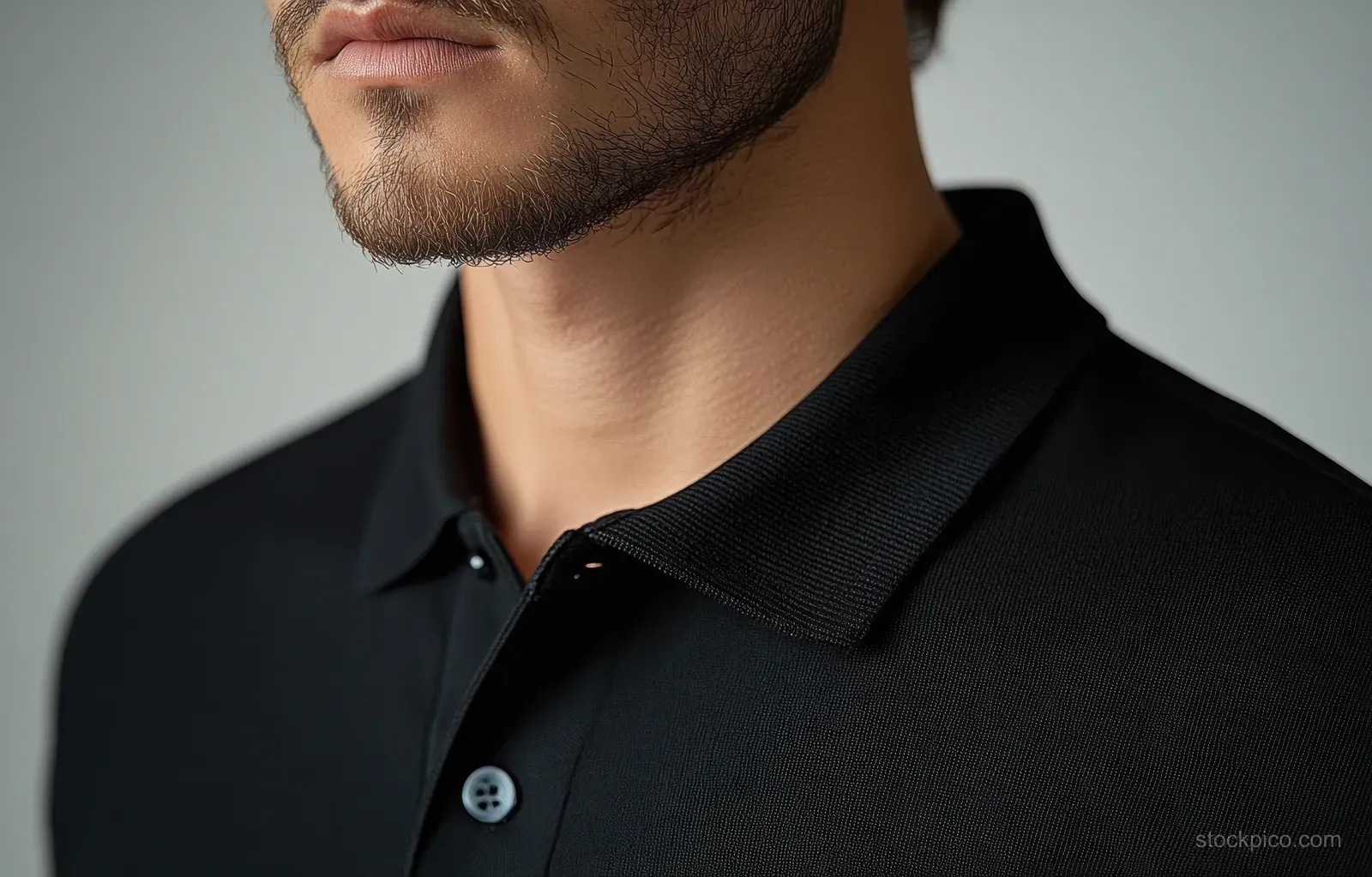 Close-up of a black long-sleeve polo collar and button placket with visible ribbed trim and fabric texture.