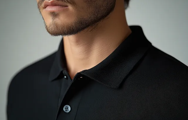Close-up of a black long-sleeve polo collar and button placket with visible ribbed trim and fabric texture.