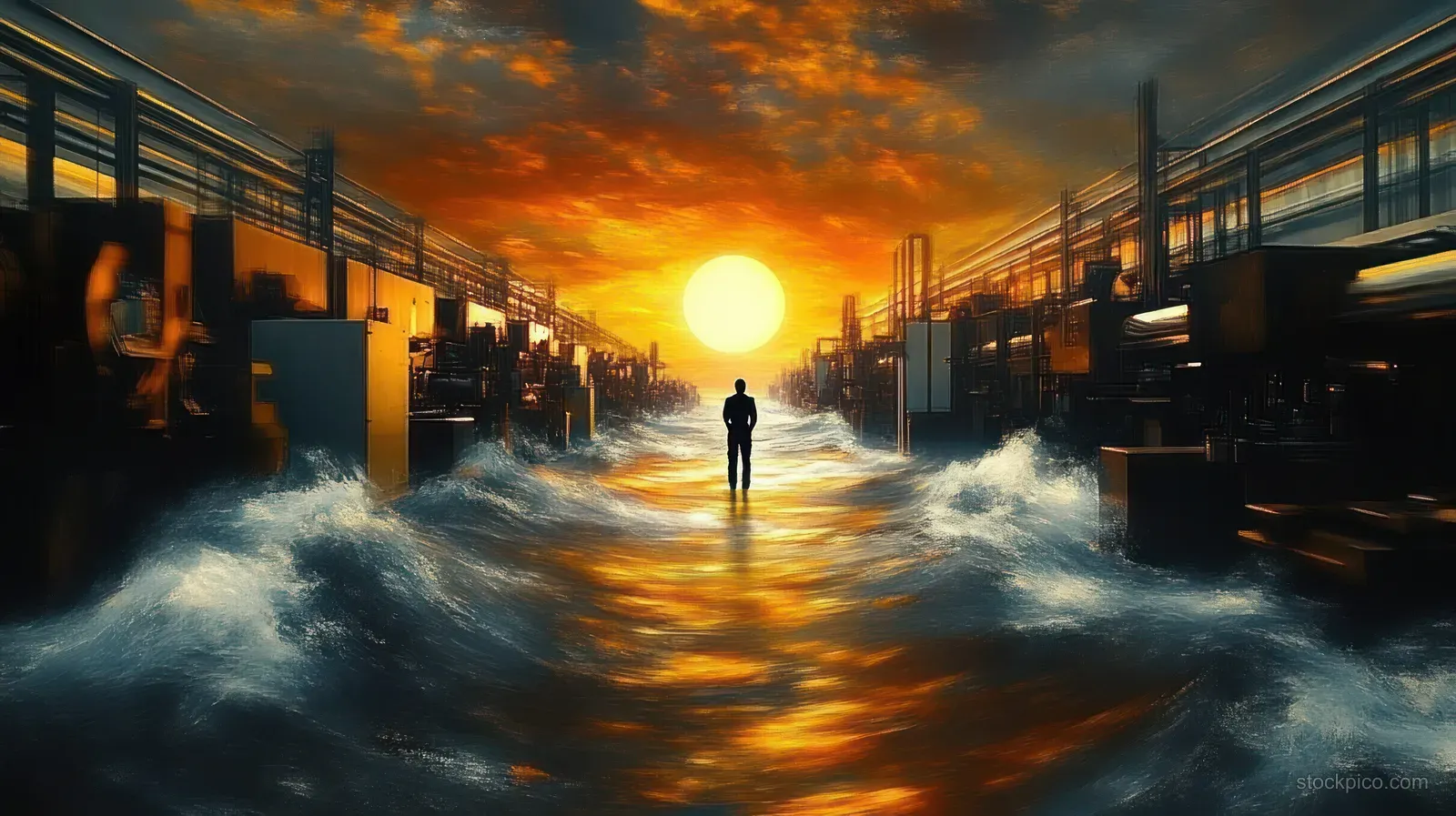 A lone silhouette walks through a flooded industrial yard toward a glowing sun under an orange sunset.