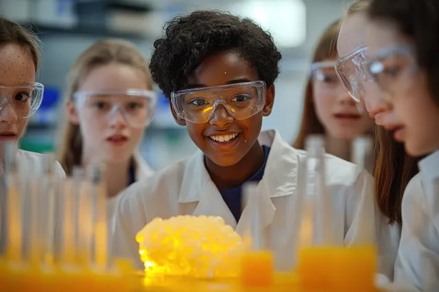 Children in lab coats using glowing yellow test tubes during a guided science experiment with School Classroom Activity